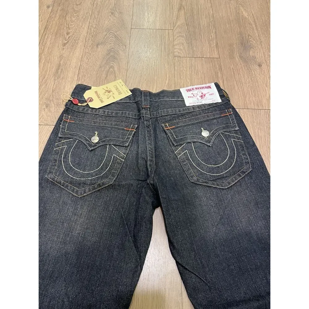 New True Religion Black Straight Ricky Jeans USA 34 Big T Flap Y2K